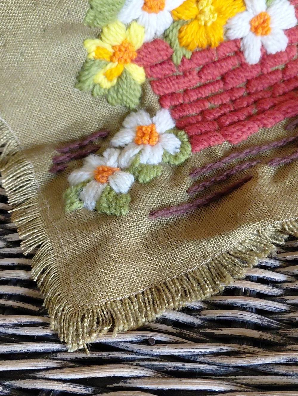 Vintage Handcrafted Olive/Khaki  Floral Wall Hanging